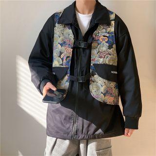 Bear Print Panel Zip-up Cargo Jacket