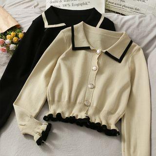 Contrasted Ruffled-trim Crop Knit Top