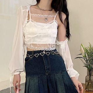 Denim Mini Skirt / Chiffon Shrug / Lace Camisole Top