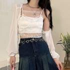 Denim Mini Skirt / Chiffon Shrug / Lace Camisole Top