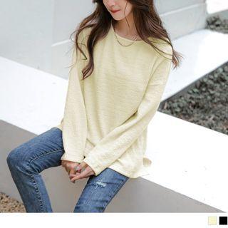 Long-sleeve Round Neck Plain Textured Slit-side Sweatshirt