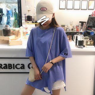 Elbow-sleeve Eyes Embroidered Ripped T-shirt
