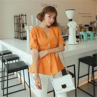 Faux-pearl Button Pintuck Linen Blouse