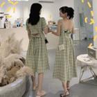 Plaid Short-sleeve A-line Dress / Strappy Midi Dress