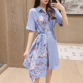 Short-sleeve Floral Print Shirt Dress