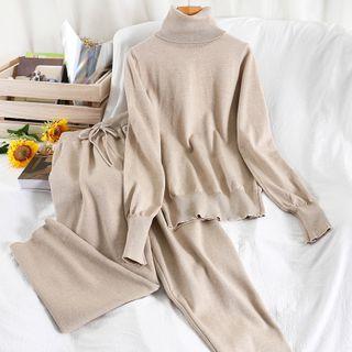 Set: Mock-turtleneck Knit Top + Wide-leg Pants