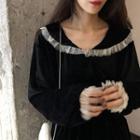 Long-sleeve Mesh Panel Collar Dress Black - One Size