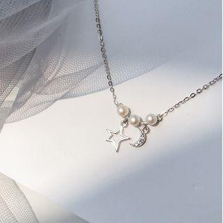 925 Sterling Silver Faux Pearl Moon & Star Pendant Necklace Necklace - 925 Silver - Tassel - Star & Moon - One Size