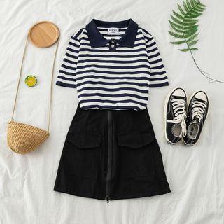 Set: Striped Polo Shirt + Zip-front A-line Skirt