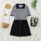 Set: Striped Polo Shirt + Zip-front A-line Skirt