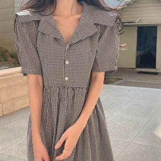Sailor-collar Gingham Shirtdress Black - One Size