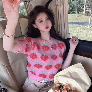 Printed Strawberry Knit Cropped Top Pink - One Size