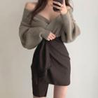 Off-shoulder Sweater / Asymmetrical Mini Pencil Skirt / Set