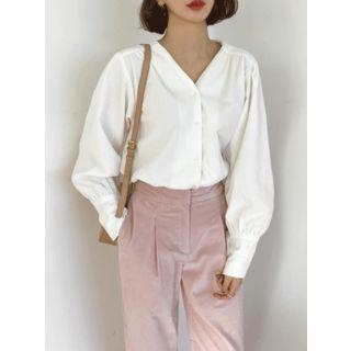 V-neck Balloon-sleeve Shirred Blouse