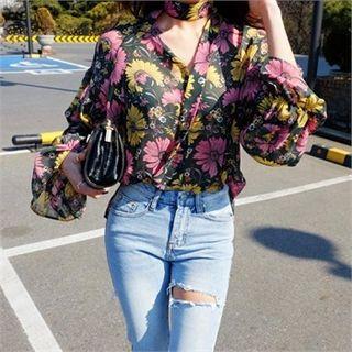 Floral Patterned Banded-cuff Top With Scarf