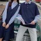 Couple Matching Long-sleeve Striped Paneled Polo Shirt / Cropped Pants / Dress