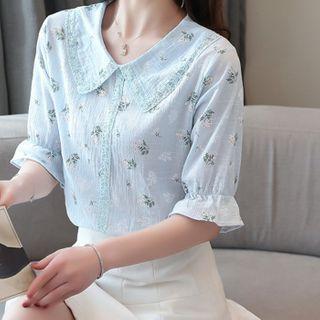 Floral Print Bell-sleeve Linen Blouse