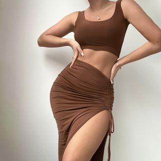 Set: Crop Tank Top + Drawstring Side-slit Midi Pencil Skirt