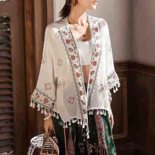 Embroidered Fringed Tunic Jacket White - One Size