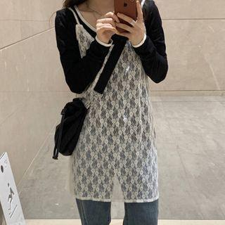 Long-sleeve T-shirt / Spaghetti Strap Mesh Lace Mini Dress