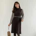 Houndstooth-sleeve Pleated Midi Knit Dress With Belt