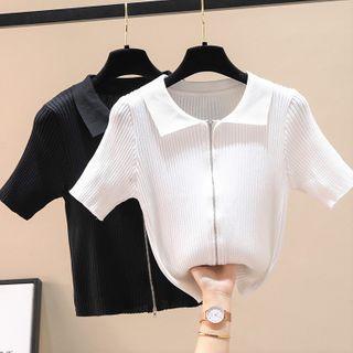 Short-sleeve Zip-up Knit Shirt