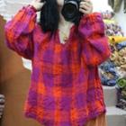 Long-sleeve Plaid Linen Top Red & Purple - One Size