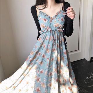 Spaghetti-strap Flower Print Midi Dress / Plain Cardigan