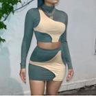 Set: Two-tone Long-sleeve Crop Top + Two-tone Mini Pencil Skirt