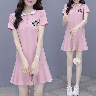 Short-sleeve Bee Embroidered Mini Mermaid Polo Dress