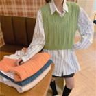 Knit Vest / Striped Long Sleeve Shirt