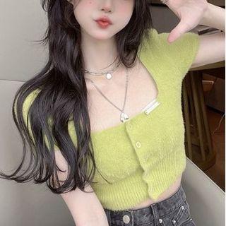 Short-sleeve Crop Knit Top Knit Top - Green - One Size