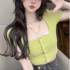 Short-sleeve Crop Knit Top Knit Top - Green - One Size