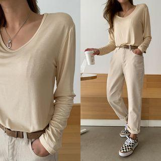 V-neck Plain T-shirt Light Beige - One Size
