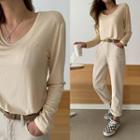 V-neck Plain T-shirt Light Beige - One Size