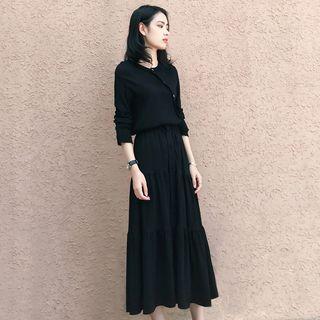 Set: Long-sleeve Diagonal Button Top + A-line Midi Skirt
