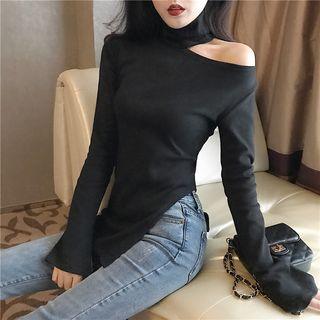 Off-shoulder Long-sleeve Side-slit T-shirt