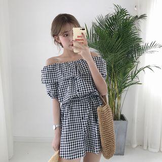 Short-sleeve Off-shoulder Gingham A-line Dress With Belt