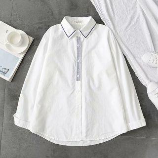 Long-sleeve Embroidered Trim Shirt White - One Size