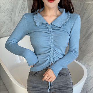 Long-sleeve Ruffled Drawstring Knit Top