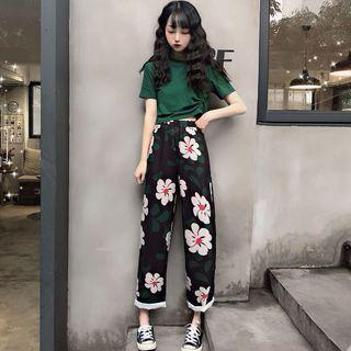Short-sleeve Drawstring T-shirt / Flower Print Wide-leg Pants