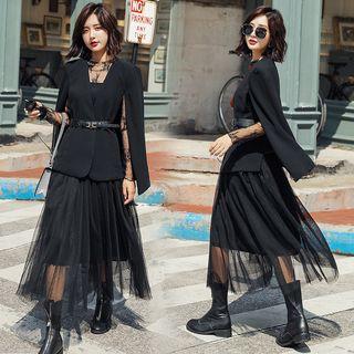 Set: Lace Panel Cape Coat + Midi Mesh Skirt