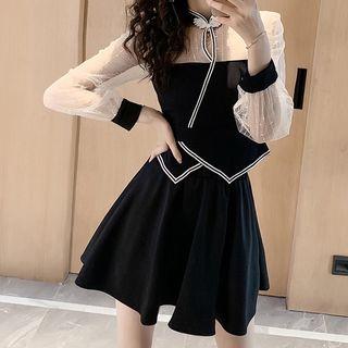 Set: Long-sleeve Mesh Panel Top + Skirt