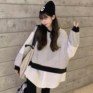 Mock Two-piece Striped Panel Sweatshirt Stripe - Black & White - One Size