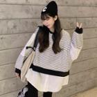 Mock Two-piece Striped Panel Sweatshirt Stripe - Black & White - One Size