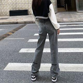 Letter Embroidered Straight Leg Jeans / Baseball Jacket
