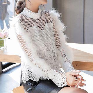 Long-sleeve Furry-trim Lace Top