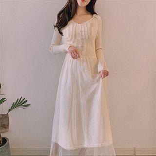 Mesh Overlay Midi Patterned Knit Dress Almond - One Size