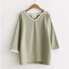 Fringed V-neck 3/4 Sleeve T-shirt