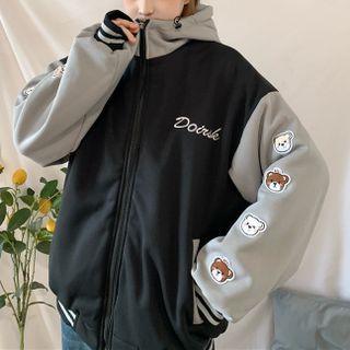 Bear Embroidered Color Block Zip Hoodie